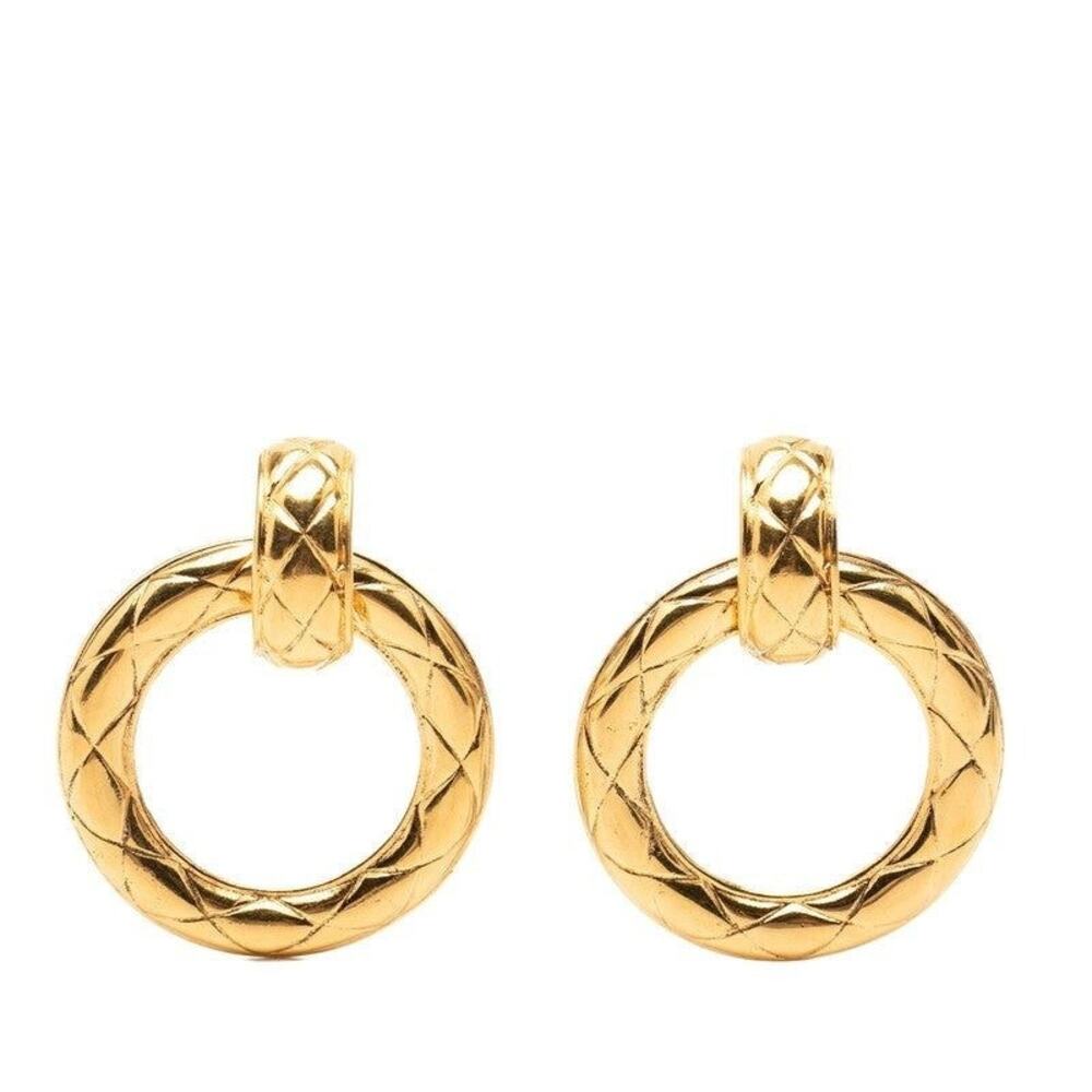 Chanel Vintage Matelasse Hoop Earrings Gold Plated
